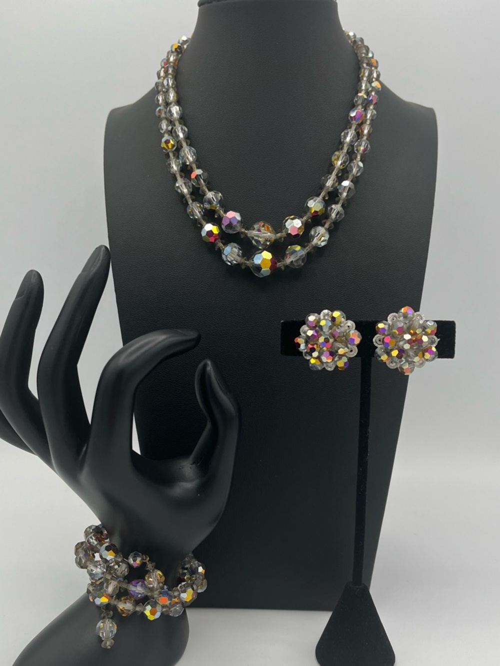 Mint 1950s Smokey Grey Aurora Borealis Crystal Full Parure Set - Picture 2 of 9